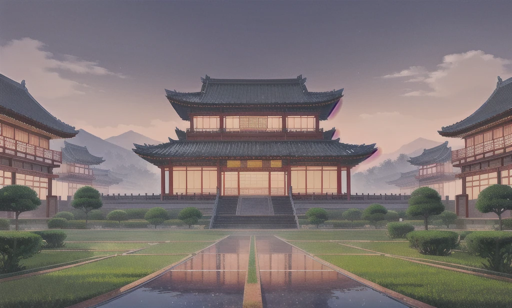  Traditional Chinese architecture"， Historical palace exterior，Overcast sky，Serene garden with trees and lanterns，There are mountains in the distance，Looking up，Hayao Miyazaki，Ghibli style，Cloudy atmosphere，pond，Waterweed

