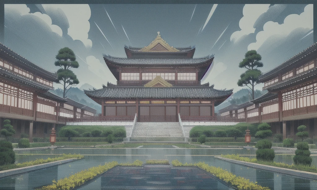  Traditional Chinese architecture"， Historical palace exterior，Overcast sky，Serene garden with trees and lanterns，There are mountains in the distance，Looking up，Hayao Miyazaki，Ghibli style，Cloudy atmosphere，pond，Waterweed

