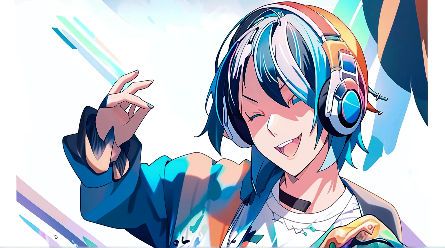A anime character, gamer boy with headphones, full body, colourful hair anime Tshirt, nice boy , cool, handsam, image, 8k quality, wallpapers, HD quality, full details, nice colour