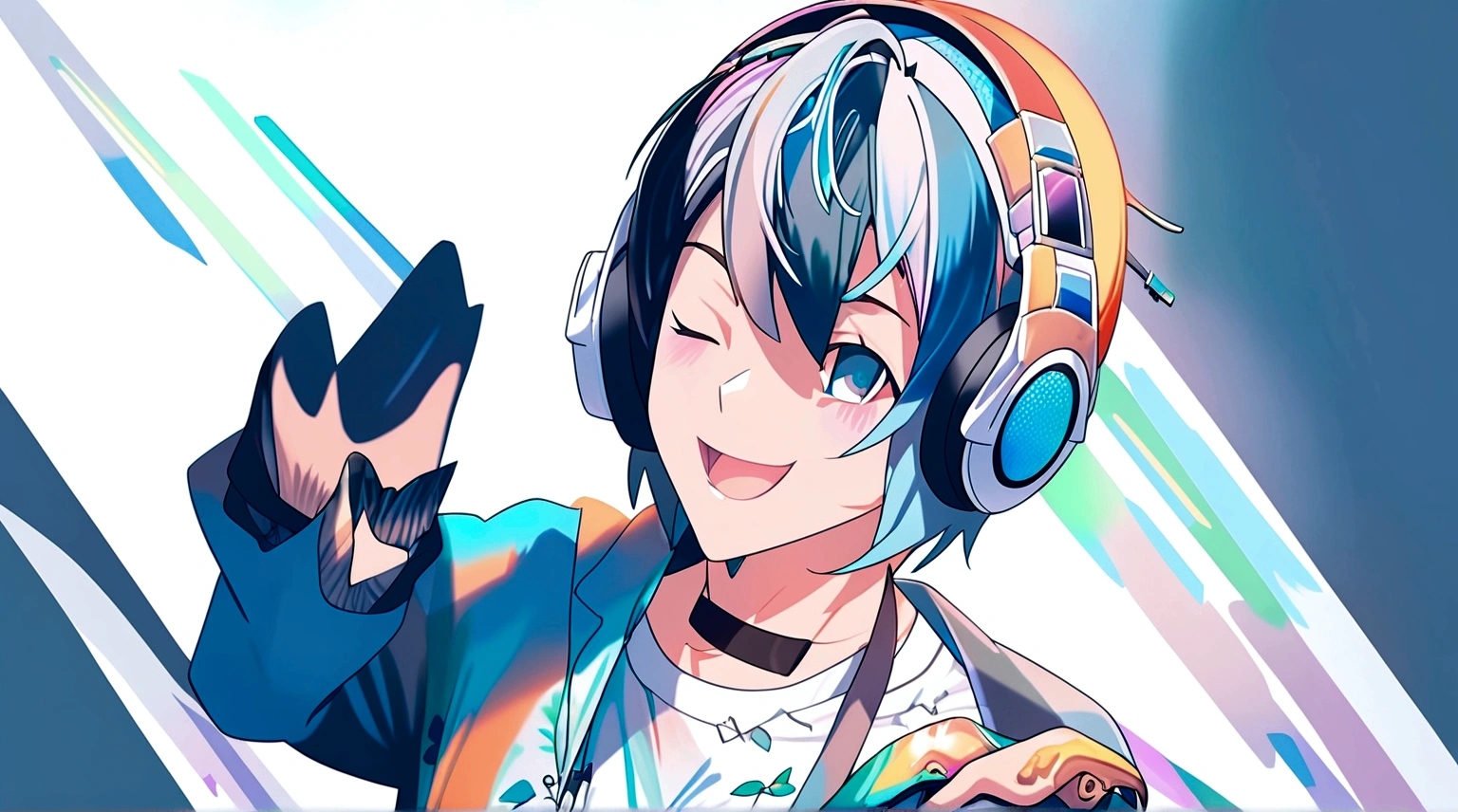 A anime character, gamer boy with headphones, full body, colourful hair anime Tshirt, nice boy , cool, handsam, image, 8k quality, wallpapers, HD quality, full details, nice colour 