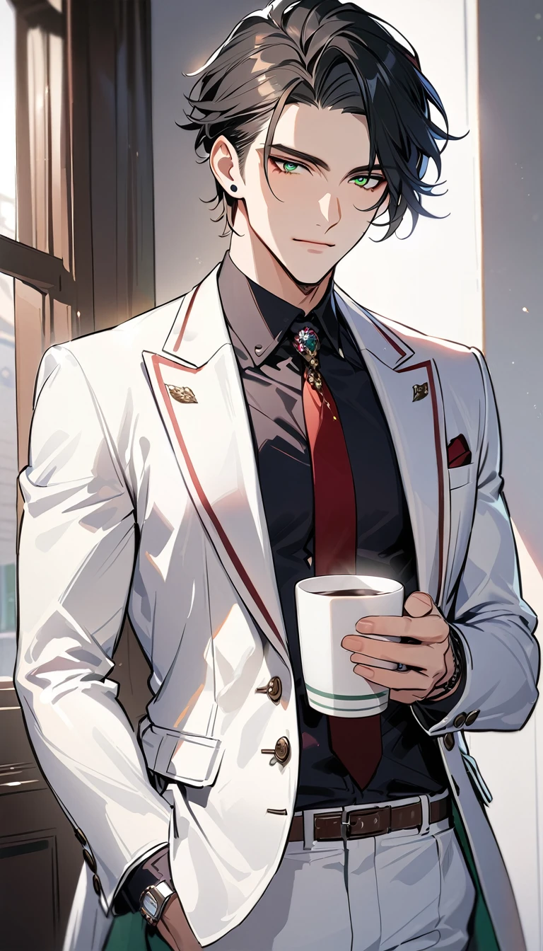 1 male, 25 years old British male, decisive, graceful, tattooed, emerald eyes, black hair, white suit, black shirt, tie, British gentleman, white pants, office president,
Standing, holding a cup of coffee in his hand,Office President,一个现代handsome,25-year-old male,Black Hair,Green eyes,short hair,No bangs,Show forehead,Middle parted hair,young people,Dynamic Hair,Delicate face,Bright Eyes,Gem Eyes, Extremely detailed eyes, Handsome,Handsome,White skin,Single photo,Upper body photo from thigh up,handsome,Handsome face,masterpiece,HD,masterpiece,Sense of division,a beautiful man,Exquisite eyes,Carefully sculpted hair,Rich in details,Standinging in front of a white background,handsome,juvenile,blond,short hair,Handsome face,Handsome,Handsome,超级handsome,White skin,Fair skin,handsome,Handsome face,Pretty Face,indifferent expression,Reflective hair,Shiny hair,现代都市handsome,Modern Clothing,Fashion,Casual jacket,trend,Handsome,upright,Standing,front,Moderate,Direct vision,Eye height,Wearing a white coat,Black pants,front appearance,front,Stay away from the camera,whole body,High cold temperament,Shoulder height,front appearance直面镜头,(whole body photos),whole body,Imagine,blond,cold face,indifferent,cold,Don't laugh,Residence,poker face,4K, ((masterpiece)),((best quality)),((High Detail)),((Practical,)) ((best quality)), ((masterpiece)), ((Practical)),high resolution, ((Intricate details)), Very detailed,masterpiece, best quality, (Very detailed CG unity 8k wallpaper), (best quality), (Best Illustration Award), (Best shadow),,Ray Tracing, Very detailed