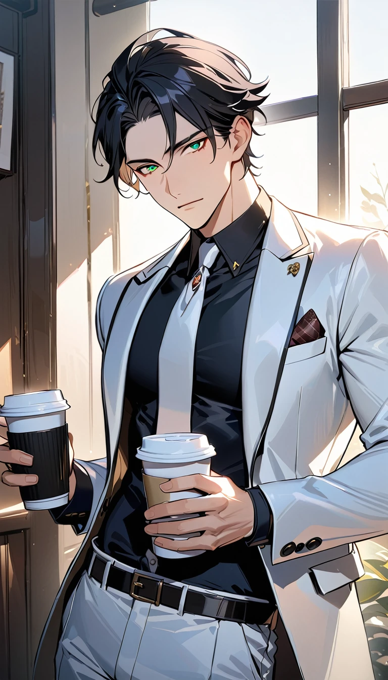 1 male, 25 years old British male, decisive, graceful, tattooed, emerald eyes, black hair, white suit, black shirt, tie, British gentleman, white pants, office president, 
Standing, holding a cup of coffee in his hand，Office President，一个现代handsome，25-year-old male，Black Hair，Green eyes，short hair，No bangs，Show forehead，Middle parted hair，young people，Dynamic Hair，Delicate face，Bright Eyes，Gem Eyes， Extremely detailed eyes， Handsome，Handsome，White skin，Single photo，Upper body photo from thigh up，handsome，Handsome face，masterpiece，HD，masterpiece，Sense of division，a beautiful man，Exquisite eyes，Carefully sculpted hair，Rich in details，Standinging in front of a white background，handsome，juvenile，blond，short hair，Handsome face，Handsome，Handsome，超级handsome，White skin，Fair skin，handsome，Handsome face，Pretty Face，indifferent expression，Reflective hair，Shiny hair，现代都市handsome，Modern Clothing，Fashion，Casual jacket，trend，Handsome，upright，Standing，front，Moderate，Direct vision，Eye height，Wearing a white coat，Black pants，front appearance，front，Stay away from the camera，whole body，High cold temperament，Shoulder height，front appearance直面镜头，（whole body photos），whole body，Imagine，blond，cold face，indifferent，cold，Don't laugh，Residence，poker face，4K, ((masterpiece)),((best quality)),((High Detail)),((Practical,)) ((best quality)), ((masterpiece)), ((Practical))，high resolution, ((Intricate details)), Very detailed,masterpiece, best quality, (Very detailed CG unity 8k wallpaper), (best quality), (Best Illustration Award), (Best shadow),,Ray Tracing, Very detailed