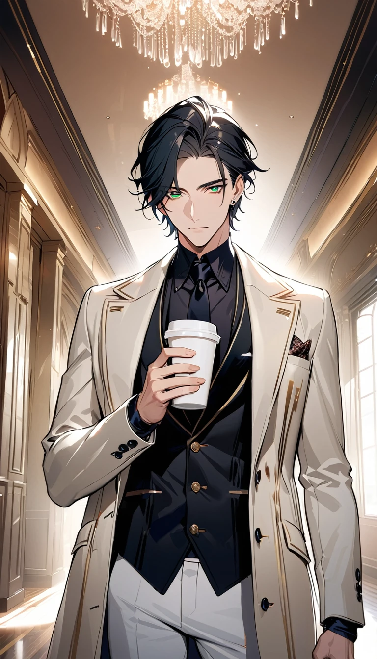 1 male, 25 years old British male, decisive, graceful, tattooed, emerald eyes, black hair, white suit, black shirt, tie, British gentleman, white pants, office president,
Standing, holding a cup of coffee in his hand,Office President,一个现代handsome,25-year-old male,Black Hair,Green eyes,short hair,No bangs,Show forehead,Middle parted hair,young people,Dynamic Hair,Delicate face,Bright Eyes,Gem Eyes, Extremely detailed eyes, Handsome,Handsome,White skin,Single photo,Upper body photo from thigh up,handsome,Handsome face,masterpiece,HD,masterpiece,Sense of division,a beautiful man,Exquisite eyes,Carefully sculpted hair,Rich in details,Standinging in front of a white background,handsome,juvenile,blond,short hair,Handsome face,Handsome,Handsome,超级handsome,White skin,Fair skin,handsome,Handsome face,Pretty Face,indifferent expression,Reflective hair,Shiny hair,现代都市handsome,Modern Clothing,Fashion,Casual jacket,trend,Handsome,upright,Standing,front,Moderate,Direct vision,Eye height,Wearing a white coat,Black pants,front appearance,front,Stay away from the camera,whole body,High cold temperament,Shoulder height,front appearance直面镜头,(whole body photos),whole body,Imagine,blond,cold face,indifferent,cold,Don't laugh,Residence,poker face,4K, ((masterpiece)),((best quality)),((High Detail)),((Practical,)) ((best quality)), ((masterpiece)), ((Practical)),high resolution, ((Intricate details)), Very detailed,masterpiece, best quality, (Very detailed CG unity 8k wallpaper), (best quality), (Best Illustration Award), (Best shadow),,Ray Tracing, Very detailed