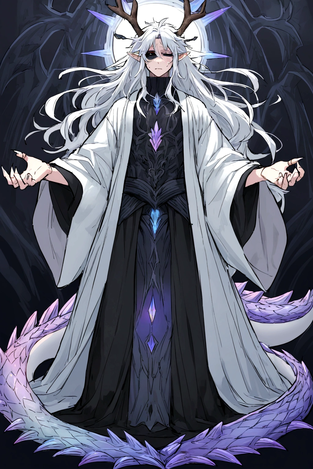Solo, male , Character fusion: Nibelung fused with nidhoggr, odin and sun wukong, tall tanned man with wild unruly white hair, bangs on face, bangs, ((iridescent irises)), black sclera on eyes, long voluminous hair, spiky hair, pointy ears, fit , clawed fingers, dragon tail, open haori, turtleneck tanktop, dark crystal antlers, exhausted expression, khaenr'ah abyss, draconic person, calamity incarnate, full body