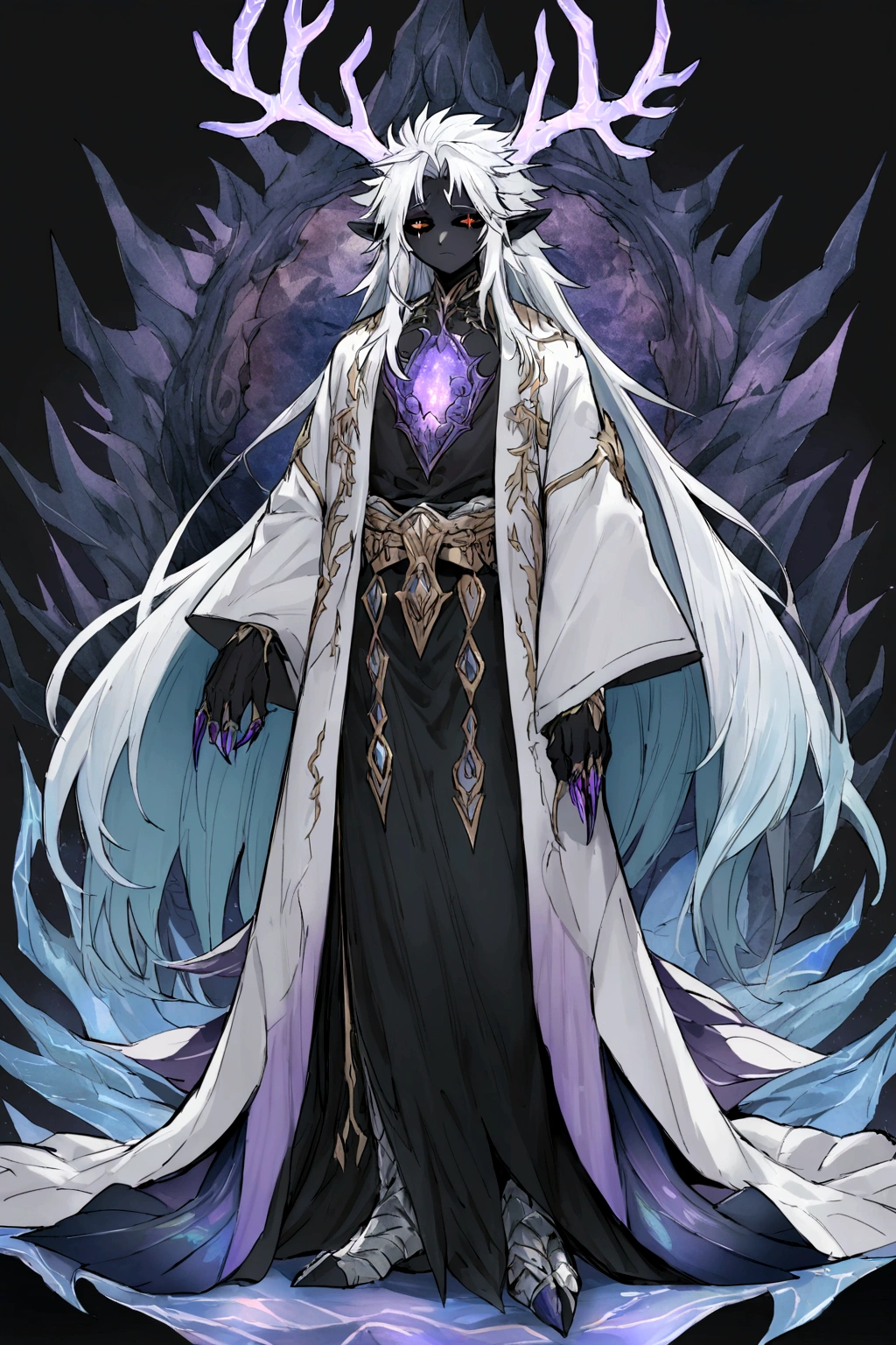 Solo, male , Character fusion: Nibelung fused with nidhoggr, odin and sun wukong, tall tanned man with wild unruly white hair, bangs on face, bangs, ((iridescent irises)), black sclera on eyes, long voluminous hair, spiky hair, pointy ears, fit , clawed fingers, dragon tail, open haori, turtleneck tanktop, dark crystal antlers, exhausted expression, khaenr'ah abyss, draconic person, calamity incarnate, full body