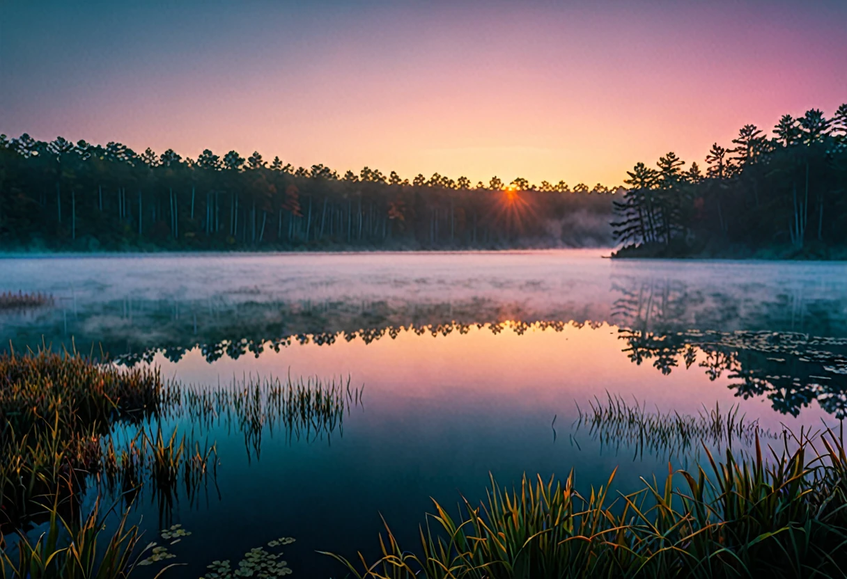 Capture the vibrant colors of a sunrise over a mist-covered lake. Cinematic film still, shot on v-raptor XL, film grain, vignette, color graded, post-processed, cinematic lighting, 35mm film, live-action, best quality, atmospheric, a masterpiece, epic, stunning, dramatic.