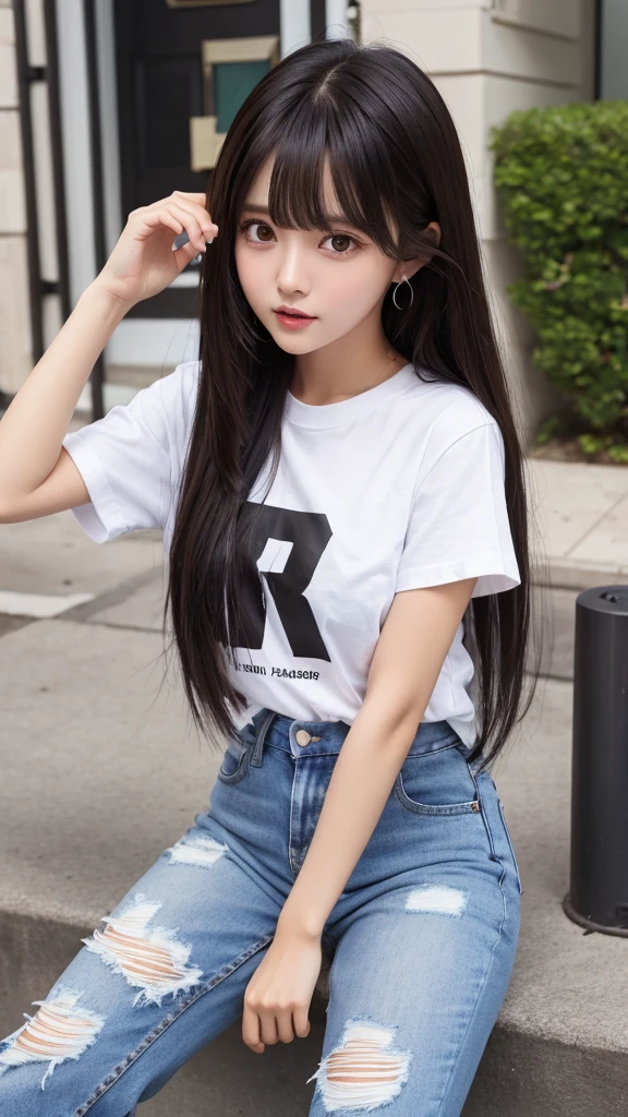 Beauty。Brown skin。Big eyes。Small Mouth。cheek。bangs。Black Hair。White T-shirt。jeans。