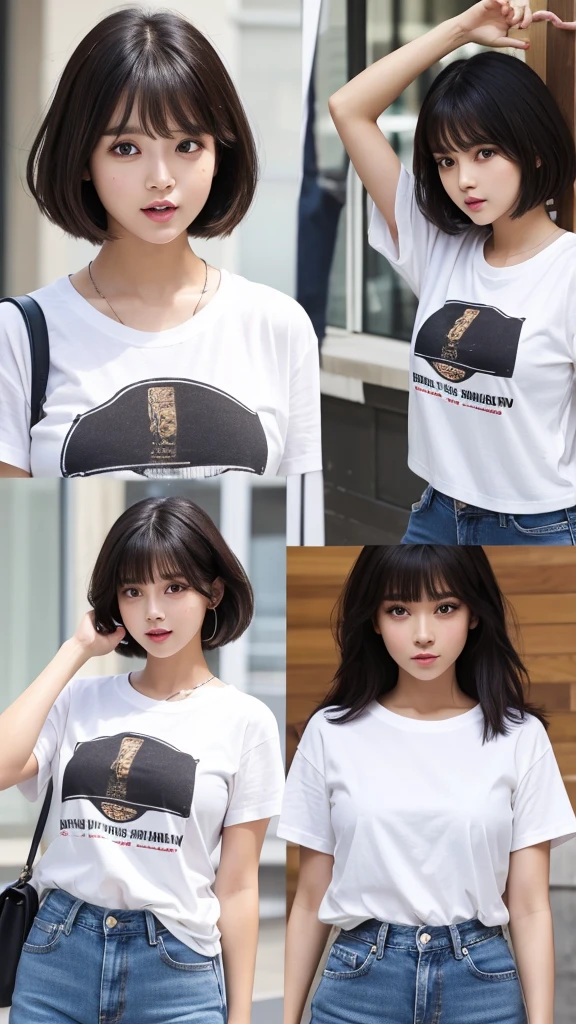 Beauty。Brown skin。Big eyes。Small Mouth。cheek。bangs。Black Hair。White T-shirt。jeans。