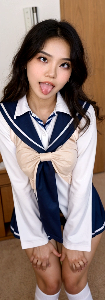 RAW, Best quality, high resolution, masterpiece: 1.3), Beautiful young indonesian girl with short wavy hair, sex pose, stick on vagina, orgasm, showing vagina, open legs showing vagina, porn, creamy vagina, squirting, penis on vagina, on a top, ((senior high school clothes)), orgasm, highres, 4k, HDR, 1girl, realistic, big breasts, short wavy hair, ((whole body)) turning away facial at viewer, closeup, school building background.