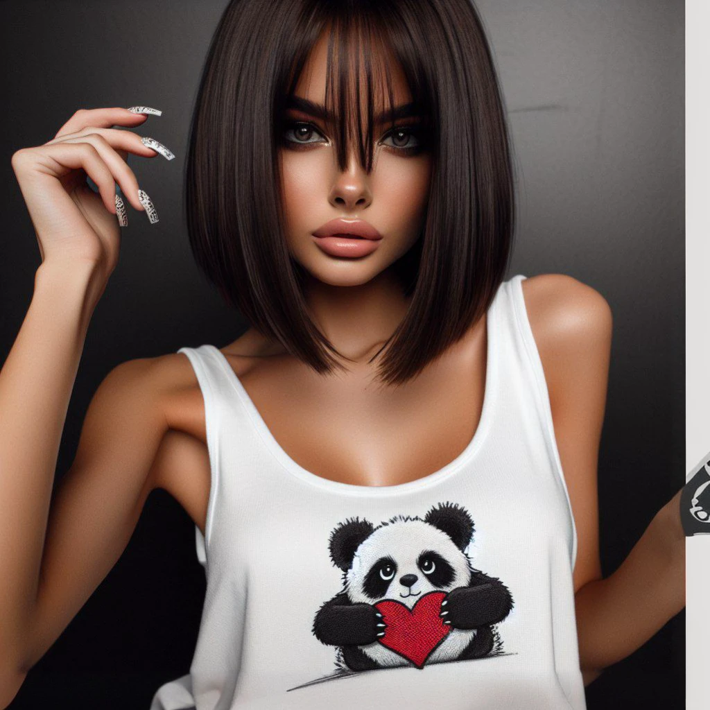 masterpiece, White shirt, leather mini skirt ,Red tie, on the head there are panda ears and stockings, 8 k, black hair long bob ,malopand tattoo