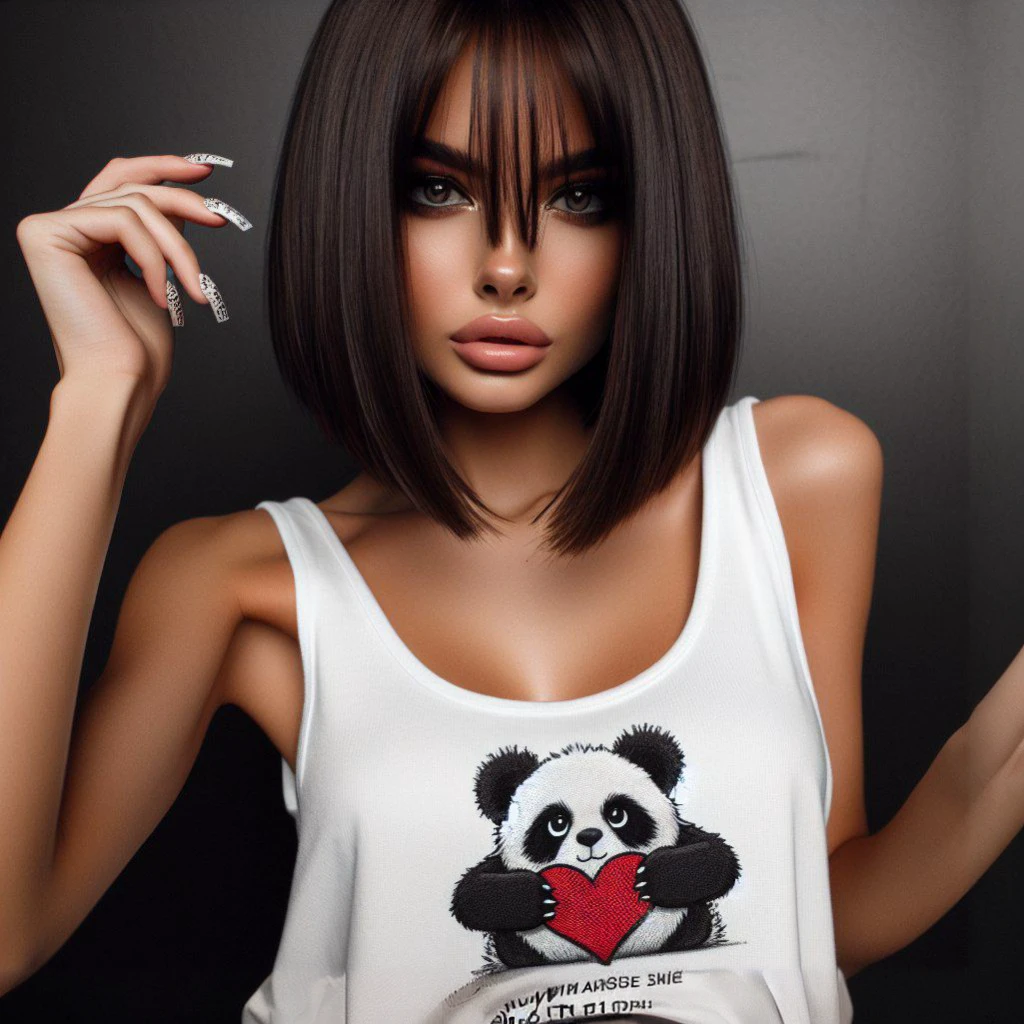 masterpiece, White shirt, leather mini skirt ,Red tie, on the head there are panda ears and stockings, 8 k, black hair long bob ,malopand tattoo