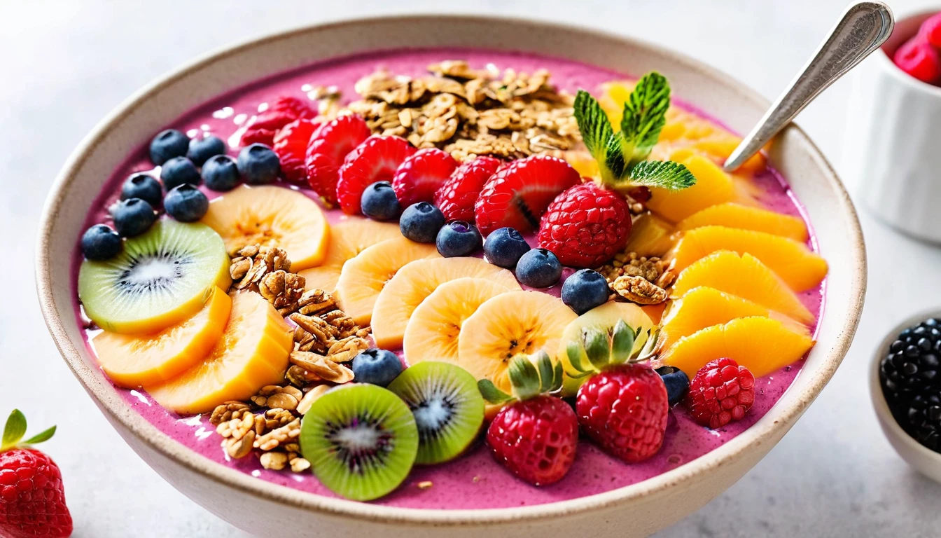 HD photo, trending on Pinterest, colorful fruit smoothie bowl, decorated with an assortment of fresh berries and granola