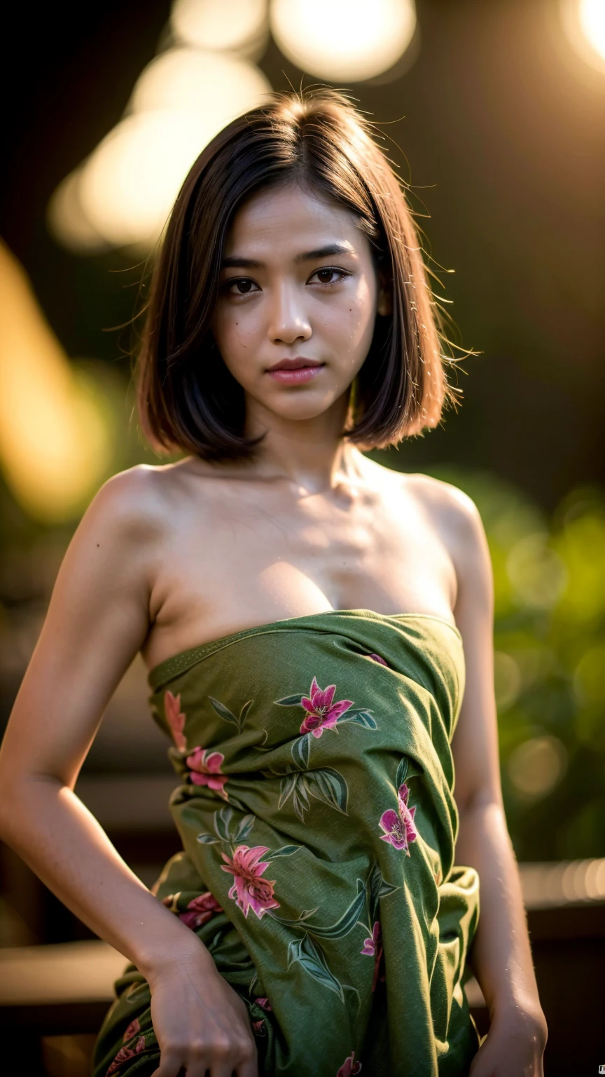 hd,high quality,4k,hyper realistic,masterpiece,((small boobs)),((kain sarong)),((night dirty jungle)),low lighting,(()),((night time)),((standing))(((upper body))),detail face,short hair,cute smirk teen