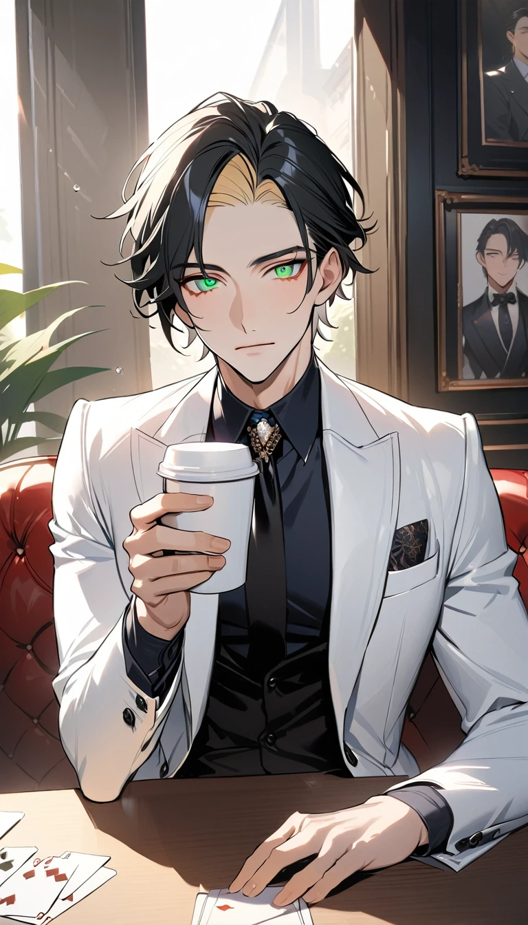1 male, 25 years old British male, decisive, graceful, tattooed, emerald eyes, black hair, white suit, black shirt, tie, British gentleman, white pants, office president, 
Standing, holding a cup of coffee in his hand，Office President，一个现代Handsome哥，25-year-old male，Black Hair，Green eyes，short hair，No bangs，Show forehead，Middle parted hair，young people，Dynamic Hair，Delicate face，Bright Eyes，Gem Eyes， Extremely detailed eyes， Handsome，Handsome，White skin，Single photo，Upper body photo from thigh up，Handsome哥，Handsome face，masterpiece，HD，masterpiece，Sense of division，a beautiful man，Exquisite eyes，Carefully sculpted hair，Rich in details，Standinging in front of a white background，Handsome哥，juvenile，blond，short hair，Handsome face，Handsome，Handsome，超级Handsome哥，White skin，Fair skin，Handsome哥，Handsome face，Pretty Face，indifferent的表情，Reflective hair，Shiny hair，现代都市Handsome哥，Modern Clothing，Fashion，Casual jacket，trend，Handsome，upright，Standing，front，Moderate，Direct vision，Eye height，Wearing a white coat，Black pants，front面貌，front，Stay away from the camera，whole body，High cold temperament，Shoulder height，front面貌直面镜头，（whole body照片），whole body，Imagine，blond，cold face，indifferent，cold，Don't laugh，Residence，poker face，4K, ((masterpiece)),((best quality)),((High Detail)),((Practical,)) ((best quality)), ((masterpiece)), ((Practical))，high resolution, ((Intricate details)), Very detailed,masterpiece, best quality, (Very detailed CG unity 8k wallpaper), (best quality), (Best Illustration Award), (Best shadow),,Ray Tracing, Very detailed