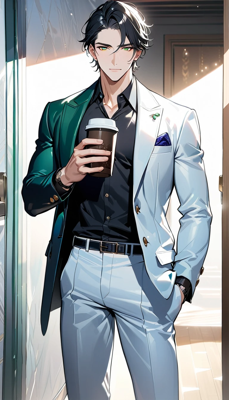 1 male, 25 years old British male, decisive, graceful, tattooed, emerald eyes, black hair, white suit, black shirt, tie, British gentleman, white pants, office president,
Standing, holding a cup of coffee in his hand,Office President,一个现代Handsome哥,25-year-old male,Black Hair,Green eyes,short hair,No bangs,Show forehead,Middle parted hair,young people,Dynamic Hair,Delicate face,Bright Eyes,Gem Eyes, Extremely detailed eyes, Handsome,Handsome,White skin,Single photo,Upper body photo from thigh up,Handsome哥,Handsome face,masterpiece,HD,masterpiece,Sense of division,a beautiful man,Exquisite eyes,Carefully sculpted hair,Rich in details,Standinging in front of a white background,Handsome哥,juvenile,blond,short hair,Handsome face,Handsome,Handsome,超级Handsome哥,White skin,Fair skin,Handsome哥,Handsome face,Pretty Face,indifferent的表情,Reflective hair,Shiny hair,现代都市Handsome哥,Modern Clothing,Fashion,Casual jacket,trend,Handsome,upright,Standing,front,Moderate,Direct vision,Eye height,Wearing a white coat,Black pants,front面貌,front,Stay away from the camera,whole body,High cold temperament,Shoulder height,front面貌直面镜头,(whole body照片),whole body,Imagine,blond,cold face,indifferent,cold,Don't laugh,Residence,poker face,4K, ((masterpiece)),((best quality)),((High Detail)),((Practical,)) ((best quality)), ((masterpiece)), ((Practical)),high resolution, ((Intricate details)), Very detailed,masterpiece, best quality, (Very detailed CG unity 8k wallpaper), (best quality), (Best Illustration Award), (Best shadow),,Ray Tracing, Very detailed
