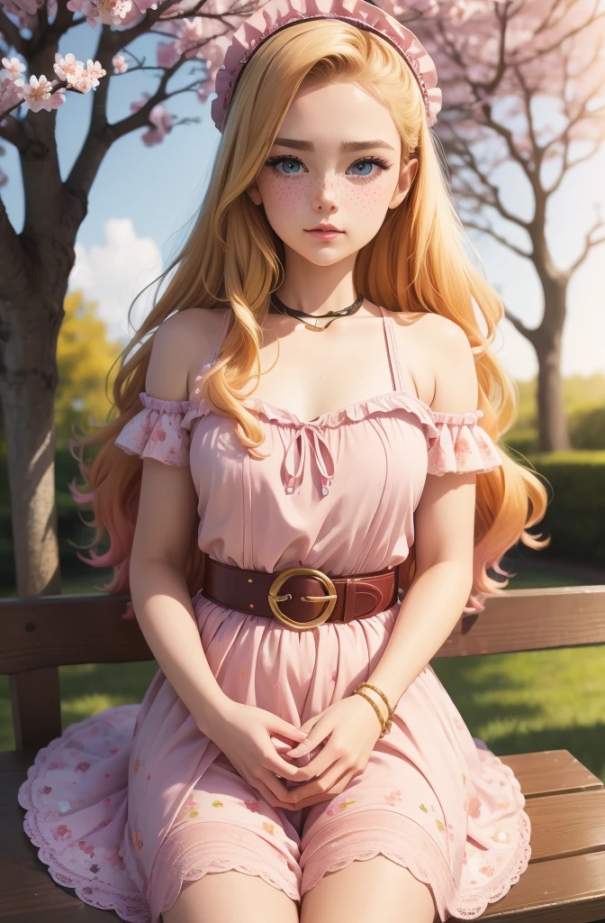 A beautiful sensual curvy blonde tween wearing a sweet Pink  Contrast Mesh, Ruffle Hem, All Over cherry blossoms Print, A Line, Short puff Sleeves, Sweetheart neckline, thin gold belt with tiny heart buckle, High Waist,Flounce hem Long gown, very long curling hair, cute, sweet, town picnic, warm  atmosphere, pretty, pretty lighting, 8k, octane render, detailed, detailed background, 35mm, realistic, photorealistic, perfect face, cherry blossoms barrettes in hair, freckles, ((American face)), American 