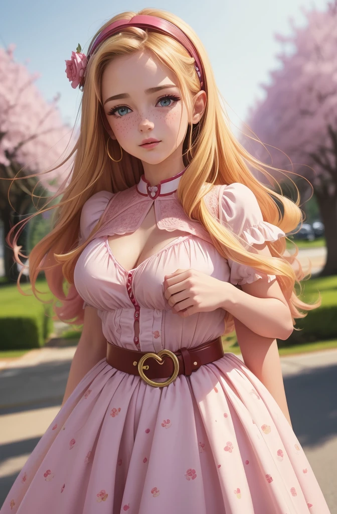 A beautiful sensual curvy blonde tween wearing a sweet Pink Contrast Mesh, Ruffle Hem, All Over cherry blossoms Print, A Line, Short puff Sleeves, Sweetheart neckline, thin gold belt with tiny heart buckle, High Waist,Flounce hem Long gown, very long curling hair, cute, sweet, town picnic, warm atmosphere, pretty, pretty lighting, 8k, octane render, detailed, detailed background, 35mm, realistic, photorealistic, perfect face, cherry blossoms barrettes in hair, freckles, ((American face)), American
