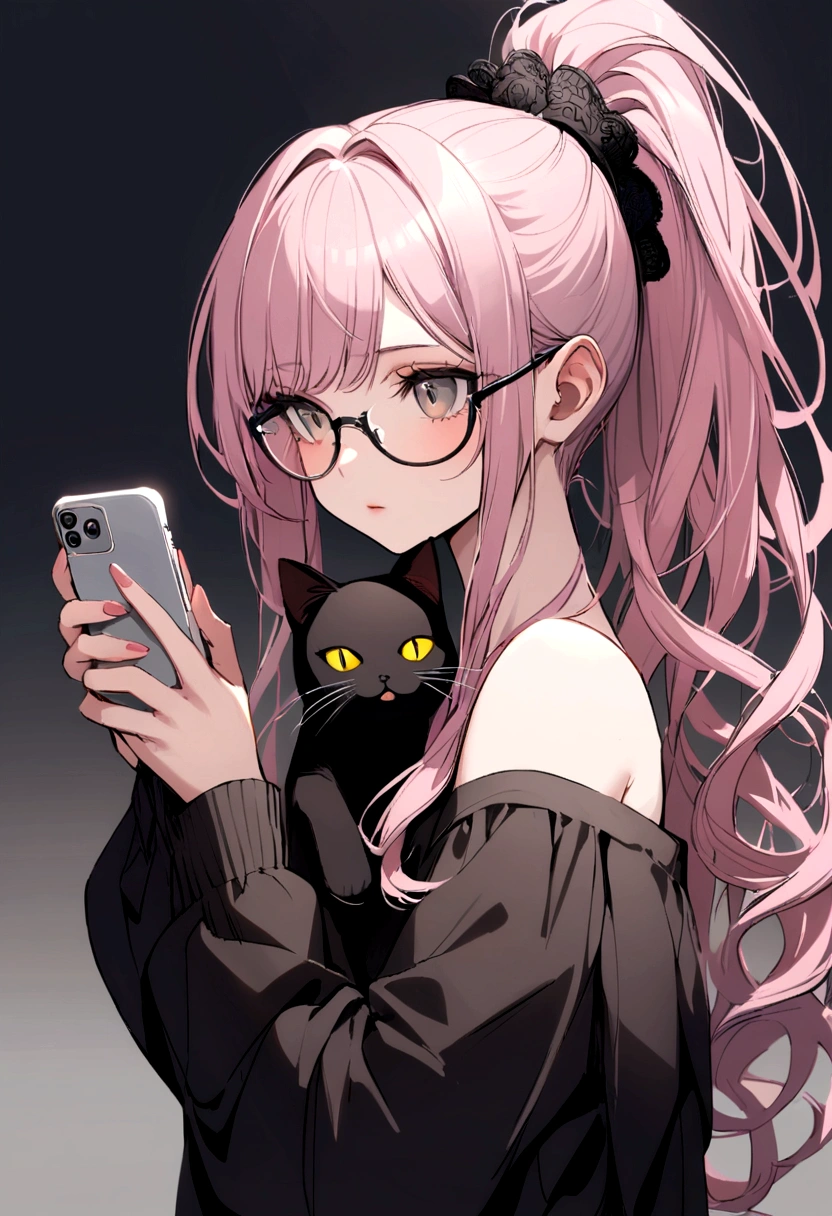 girl with light pink hair, high ponytail, yellow glasses, gray eyes, black shirt, off shoulder, holding a black stuffed cat, white phone