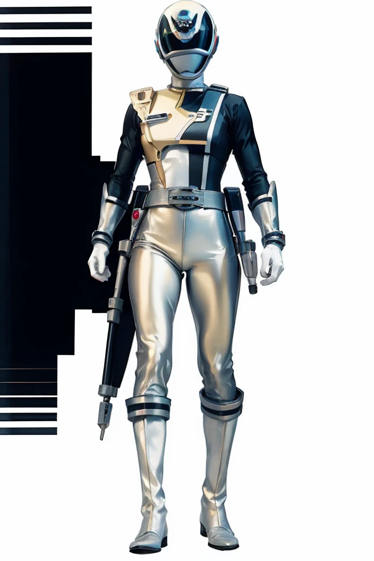 1boy, white, full body, Illustration, cinematic light, high resolution, best quality, ultra detailed, masterpiece, power suit, powerranger, suit, spd, (silver royal guard ranger suit)), gold detail