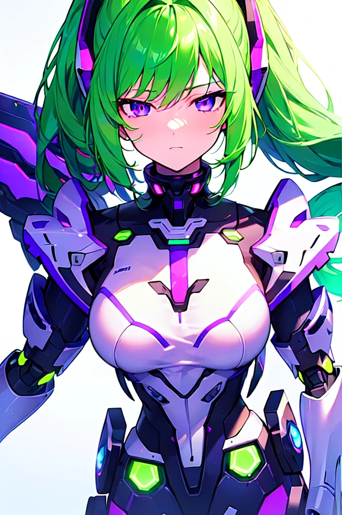 [(WHITE BACKGROUND:1.5),::5], ((((masterpiece)))), high quality, ultra very high resolution, full color, (((solo))), ((Mecha musume)), Mecha girl, ((Green hair)), (Purple eyes), anime, upper body, neon light, cyborg body, (Purple neon effect:1.2)