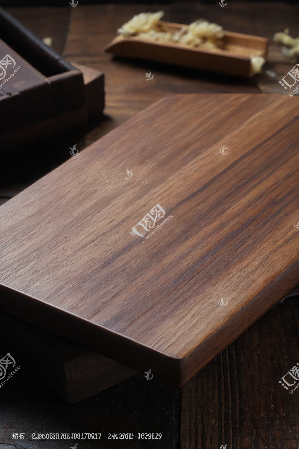 There is a cutting board on the table,There are knives and other items on it, Tropical wood, Walnut, mahogany wood, After polishing, the wood grain is clearly visible, Natural wood top, Rustic wood, Book Oak, Dark wood, Warm wood, Retro - w 1 0 2 4, woodblock print, Detailed wood, Wood material, Rough Wood, Old wood, Interior Wood, Synthetic
