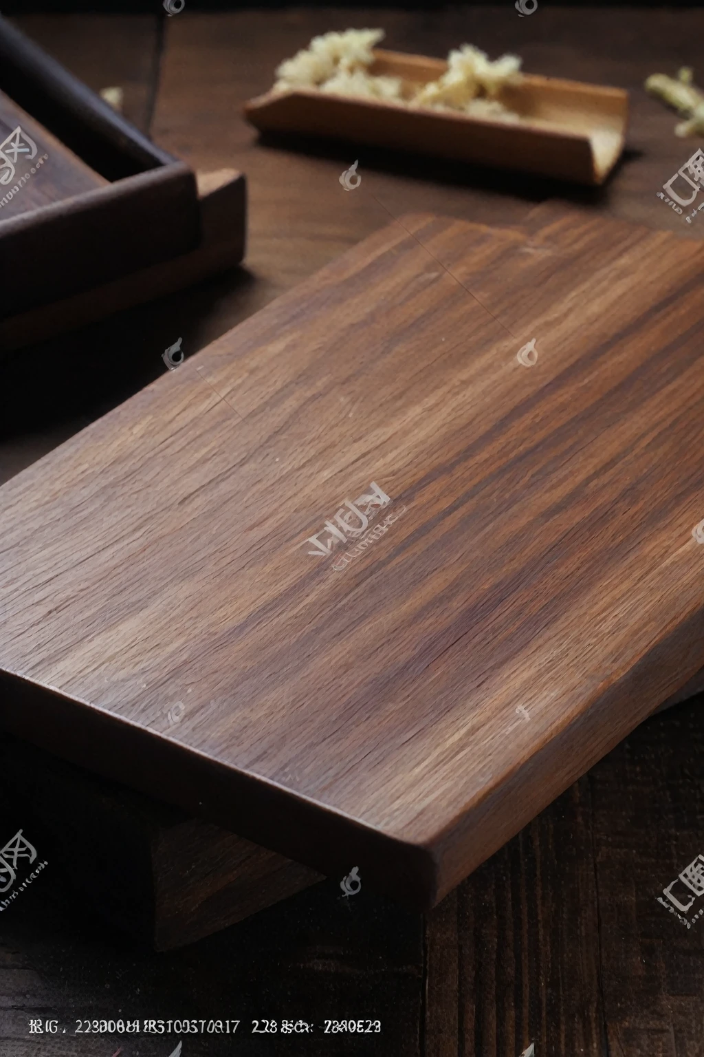 There is a cutting board on the table,There are knives and other items on it, Tropical wood, Walnut, mahogany wood, After polishing, the wood grain is clearly visible, Natural wood top, Rustic wood, Book Oak, Dark wood, Warm wood, Retro - w 1 0 2 4, woodblock print, Detailed wood, Wood material, Rough Wood, Old wood, Interior Wood, Synthetic