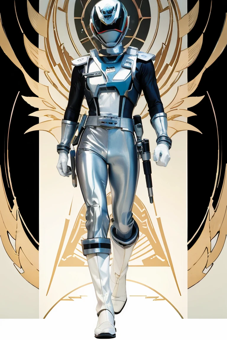 1boy, white, full body, Illustration, cinematic light, high resolution, best quality, ultra detailed, masterpiece, power suit, powerranger, suit, spd, (silver royal guard ranger suit)), gold detail