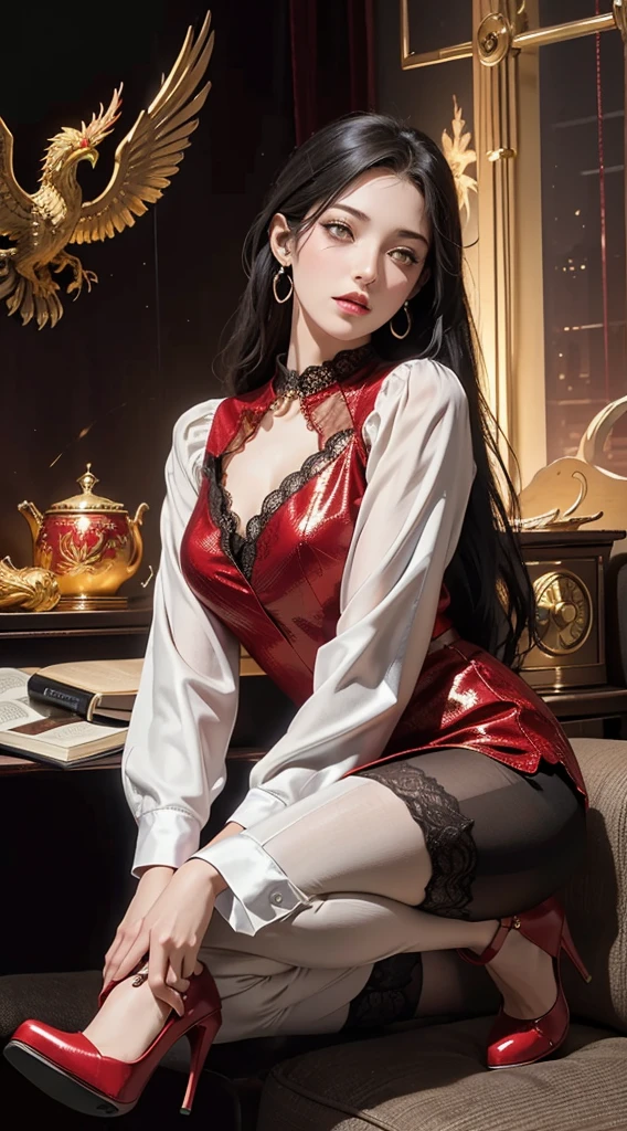 ((Masterpiece, Highest quality)), Detailed face, CharacterDesignSheet，full bodyesbian, Full of details, Multiple poses and expressions, Highly detailed, Depth, Many parts，beuaty girl，cinmatic lighting，with light glowing，Red and gold，Phoenix decoration，light yarn，Lace，lacepantyhose，high-heels