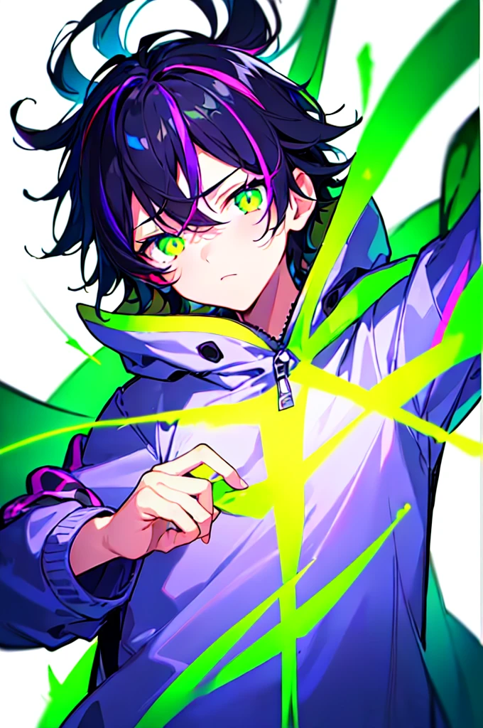 [(WHITE BACKGROUND:1.5),::5], ((((masterpiece)))), high quality, ultra very high resolution, full color, (((solo))), ((little boy)), black hair, ((purple streaked hair)), (green eyes), anime, ((upper body)), neon light, black parka, (green flame effect:1.2)