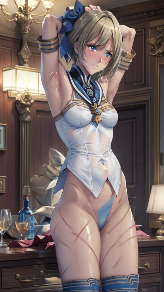 {{{nsfw:1.5}}},nose blush,scowl,tears,embrrassed,sexual excitement,despair,love juice,slim body,small breast,sweat,arms behind head,arms up,bdsm,handcuffs,shackles,chain,chained,shibari,1 girl,indoor,cowboy shot,braid,blonde hair,hair ribbon,blue ribbon,short hair,collar,
wooden horse,rub crotch,torture device sailor collar,leotard,bow,