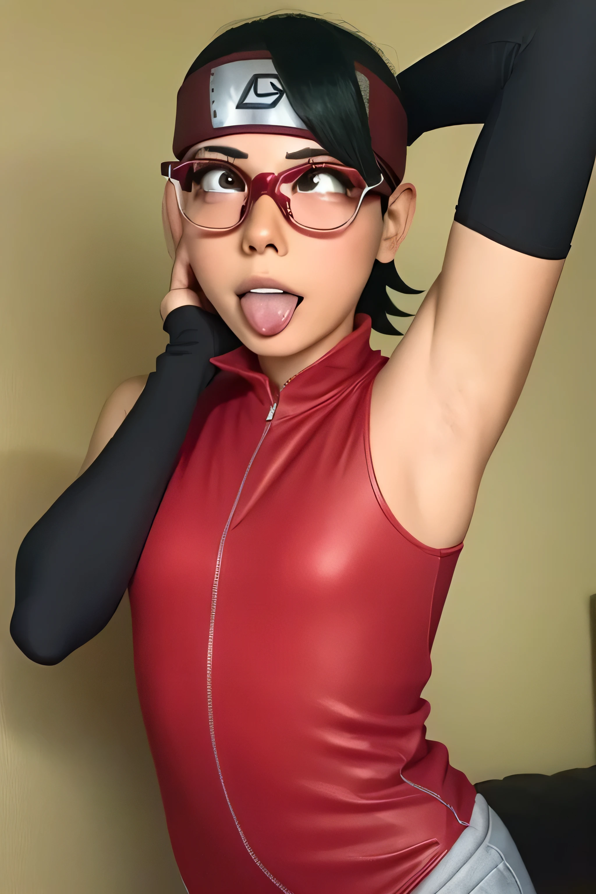 1 girl, standing, beautiful Sarada Uchiha, 18 years old, Cups, Black thighs, arm warmers, forehead protector, shorts, short hair, big chest, black eyes wearing glasses, small hips, big ass, capture anime screen, Sarada is 18 years old, mature appearance,armpits,sweat,sweaty,sweaty armpits,arms up,showing armpits,awesome armpits,outfit,blackish red arm warmers,maroon arm bands,matoon arm warmers