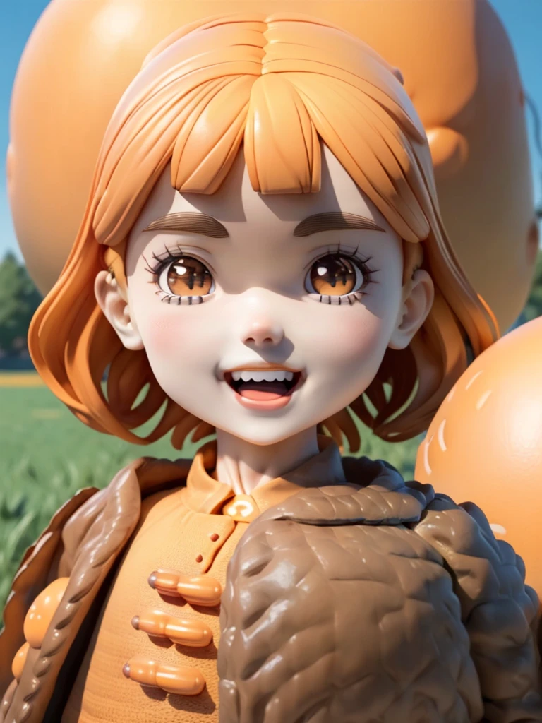 (Masterpiece), (Extreme), (Super detailed),(Body:1.9),1girl, sunshine, cute, orange, (big head:1.8), doll, smile, open mouth, city, fashion, coat, blush, tree, shirt, short hair, orange, orange headdress, blurred, long sleeves, bangs, black hair, (beautiful and detailed face), (beautiful and detailed eyes),