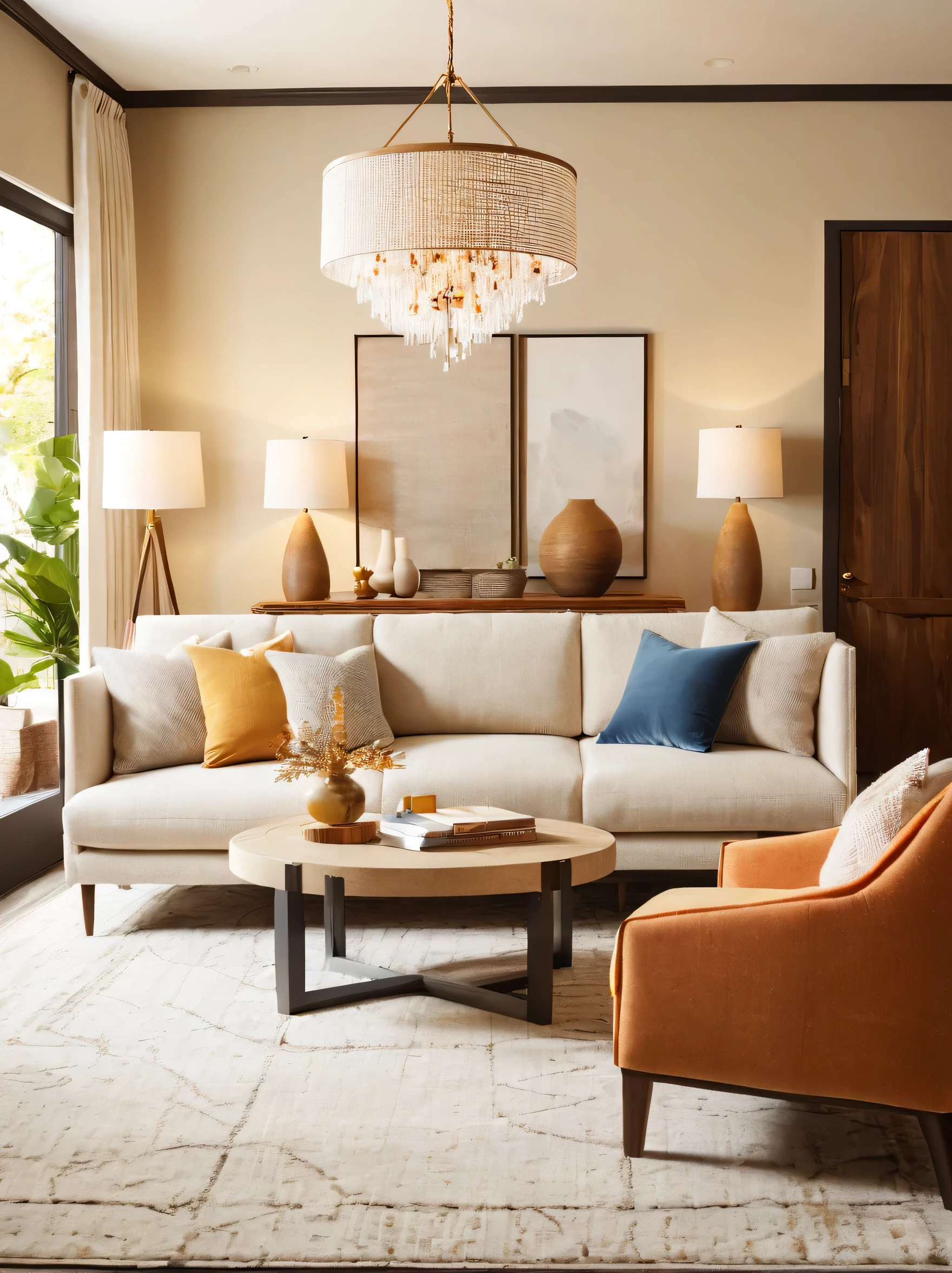 a three-seater sofa,capet,end table,west elm chandelier,armchair,residential interior design project with modrtn organic style,interior decor,crrisp lines,neutral colors,natural textures,backdrop of simplicity,aesthetic,bright environment,realistic,V-RayRenderer,superior quality
