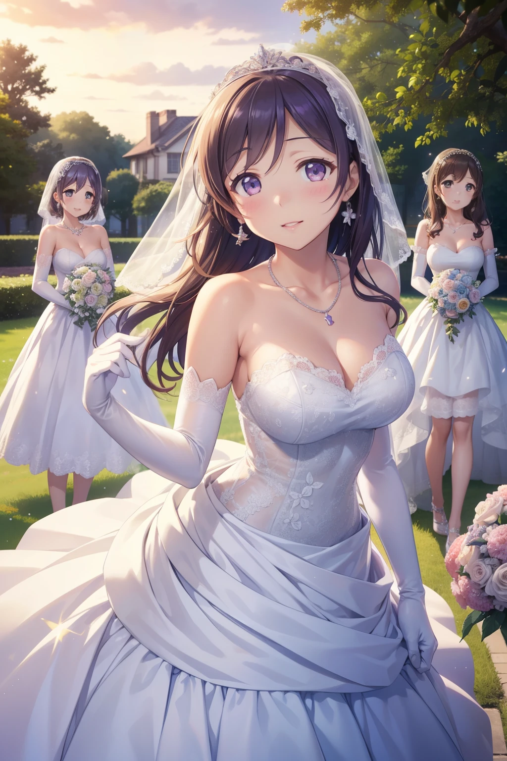 nozomitoujou, nozomi toujou, aichan, breasts, masterpiece, best quality, high resolution, extremely detailed face, good lighting, detailed CG, glossy lips, beautiful detailed eyes, wedding dress, elbow gloves, necklace, garden, bride and brjdesmaids, 3girls, (multiple girls)