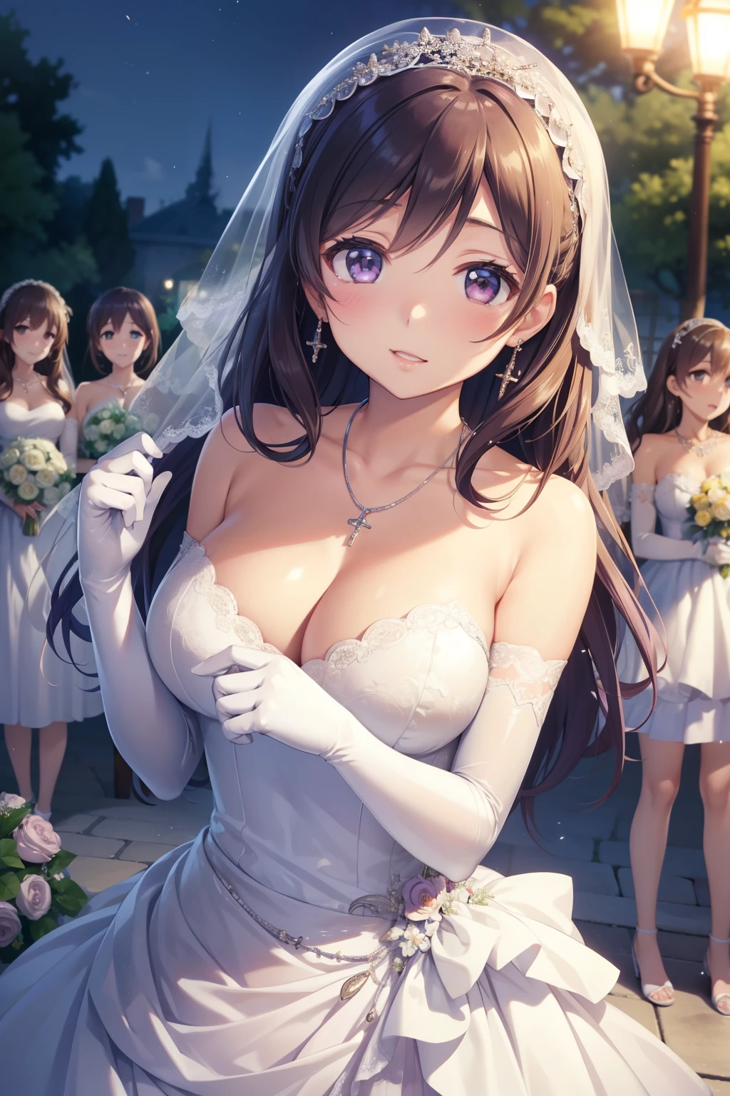 nozomitoujou, nozomi toujou, aichan, breasts, masterpiece, best quality, high resolution, extremely detailed face, good lighting, detailed CG, glossy lips, beautiful detailed eyes, wedding dress, elbow gloves, necklace, garden, bride and brjdesmaids, 3girls, (multiple girls)