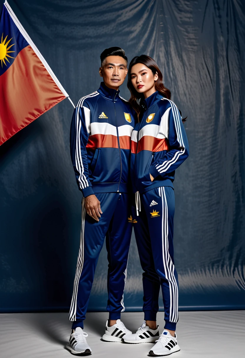 create image of the photo studio limbo tone as a background, A man and a woman are standing side-by-side, both wearing Adidas official Malaysian Olympic team tracksuits with tiger stripes pattern and white Adidas logos and Malaysia flag. They are both wearing blue Adidas sneakers. The man is looking to the side, while the woman is looking at the camera. The mood is one of casual confidence and style. The art style is realistic, and the lighting is natural. The colors are muted, and the texture is smooth. and the rendering is high quality.