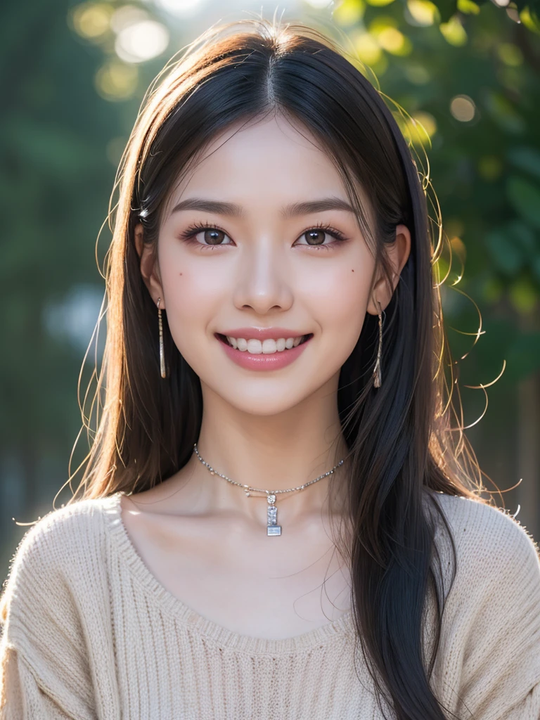 1girl, alone, solitary, high quality, (best quality,4k,8k,highres,masterpiece:1.2),ultra-detailed,(realistic,photorealistic,photo-realistic:1.37),gorgeous hair,black hair, jet black long straight hair with bangs,puffy eyes,mole on the cheek,plump lips,jewelry,(high detailed skin:1.4),(rim lighting:1.3),(lit:1.3),(sunny day:1.3),portrait,beautiful lips,waist-length hair,seductive gaze,moles,sweater,intense colored sweater,close up,really long hair,choker necklace,tattoos on thighs,tattooed,light eyes,bangs,fringe,20 year old,perfect smile,beautiful smile,dimples on the cheeks,perfect teeth,straight teeth,beautiful teeth,dimples,dimpled smile,apple cheeks,deep dimples,perfect sized teeth,even teeth