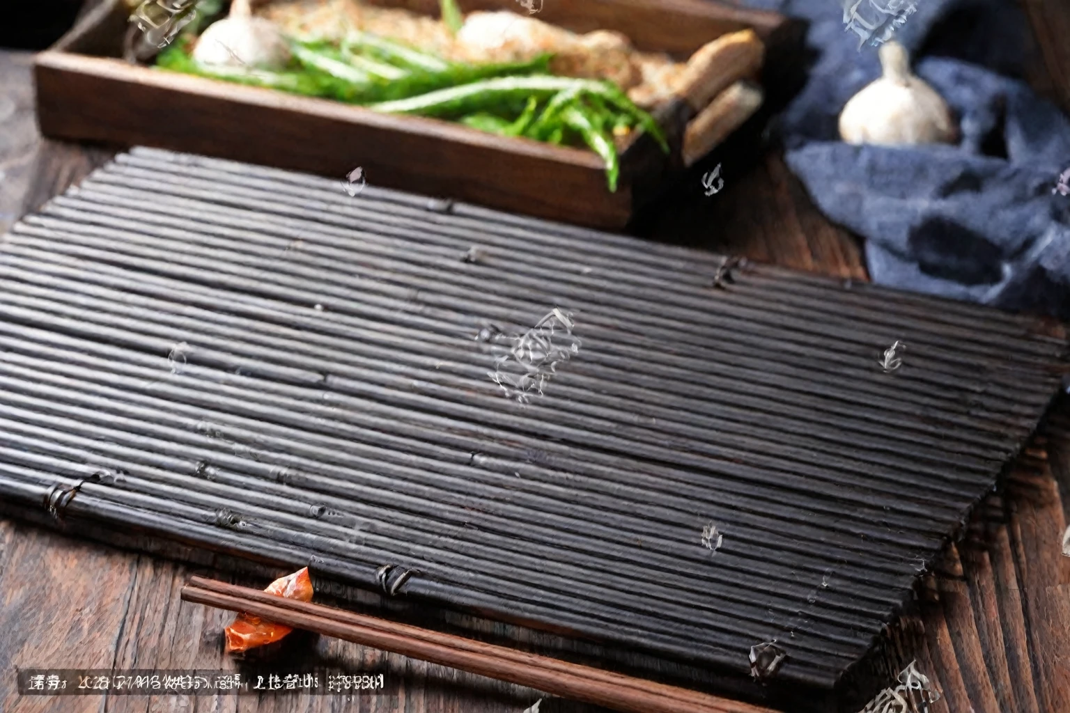 There is a plate of vegetables and chopsticks on the table, Wang Chen, Product introduction photos, guHomen, Sichuan, Stock Image, qiangshu, On wooden pallet, High detail photos, daoshu, Home, 1786560639, High-quality food photography, Product introduction photoss