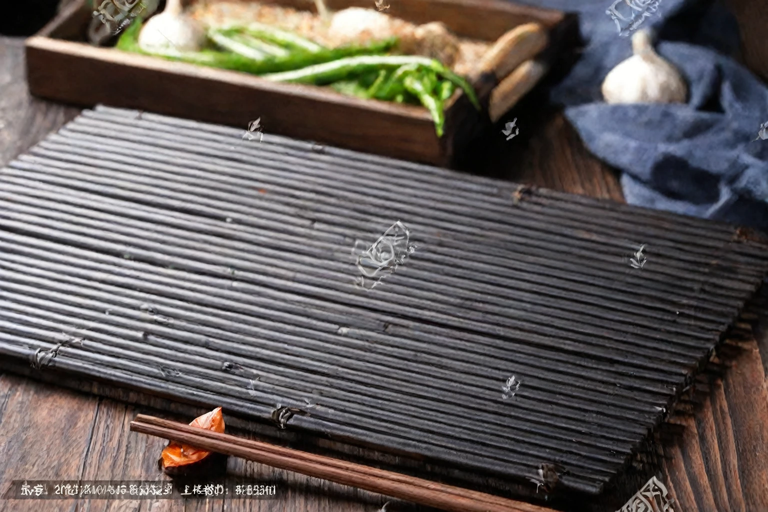 There is a plate of vegetables and chopsticks on the table, Wang Chen, Product introduction photos, guHomen, Sichuan, Stock Image, qiangshu, On wooden pallet, High detail photos, daoshu, Home, 1786560639, High-quality food photography, Product introduction photoss