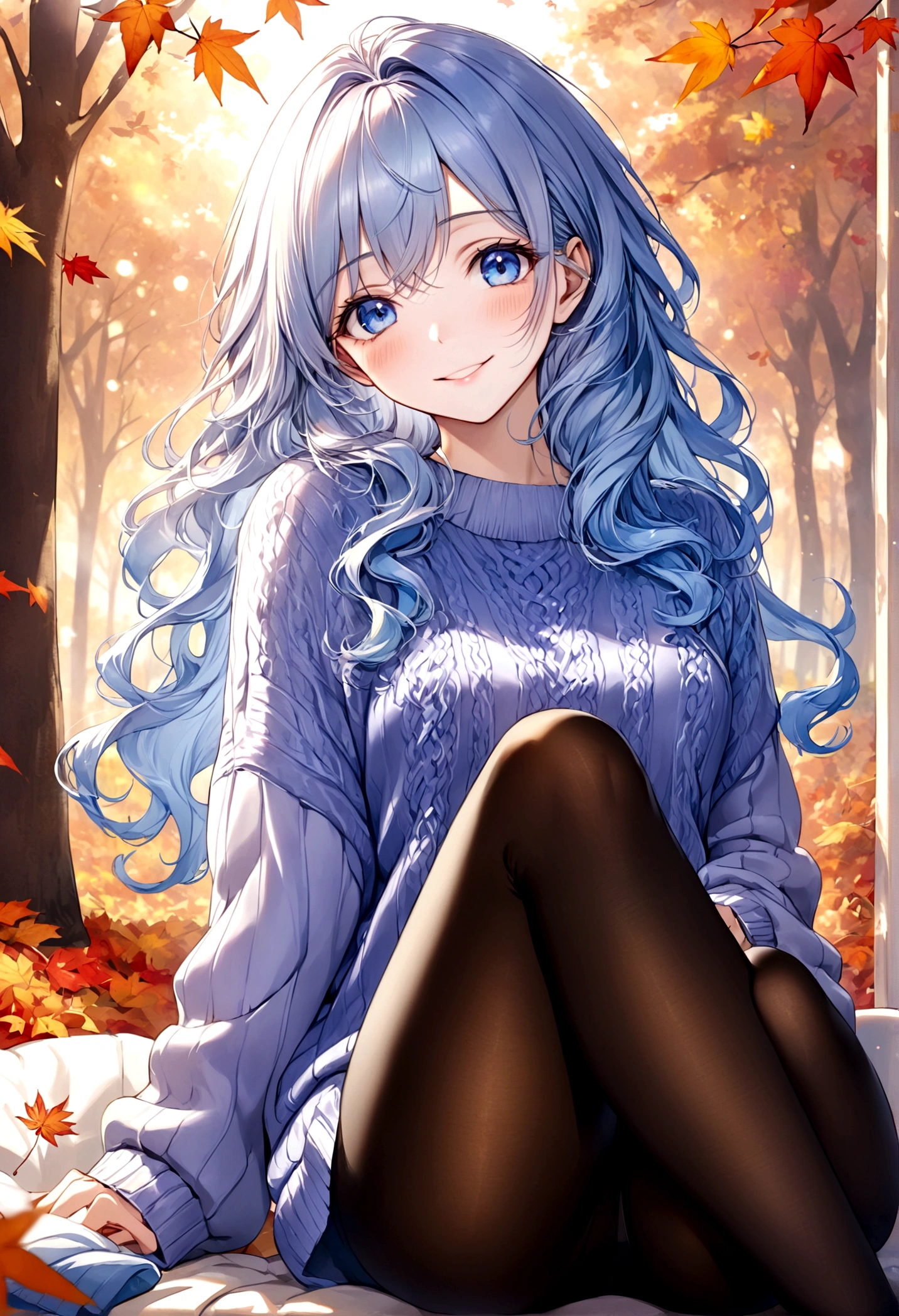 ((top-quality)), ((​masterpiece)), ((ultra-detailliert)), (extremely delicate and beautiful), beautiful woman, bright light blue hair, long wavy hair, sapphire blue eyes, cozy sweater, sheer black pantyhose, sweet smile, relaxed expression, fair complexion, autumn background