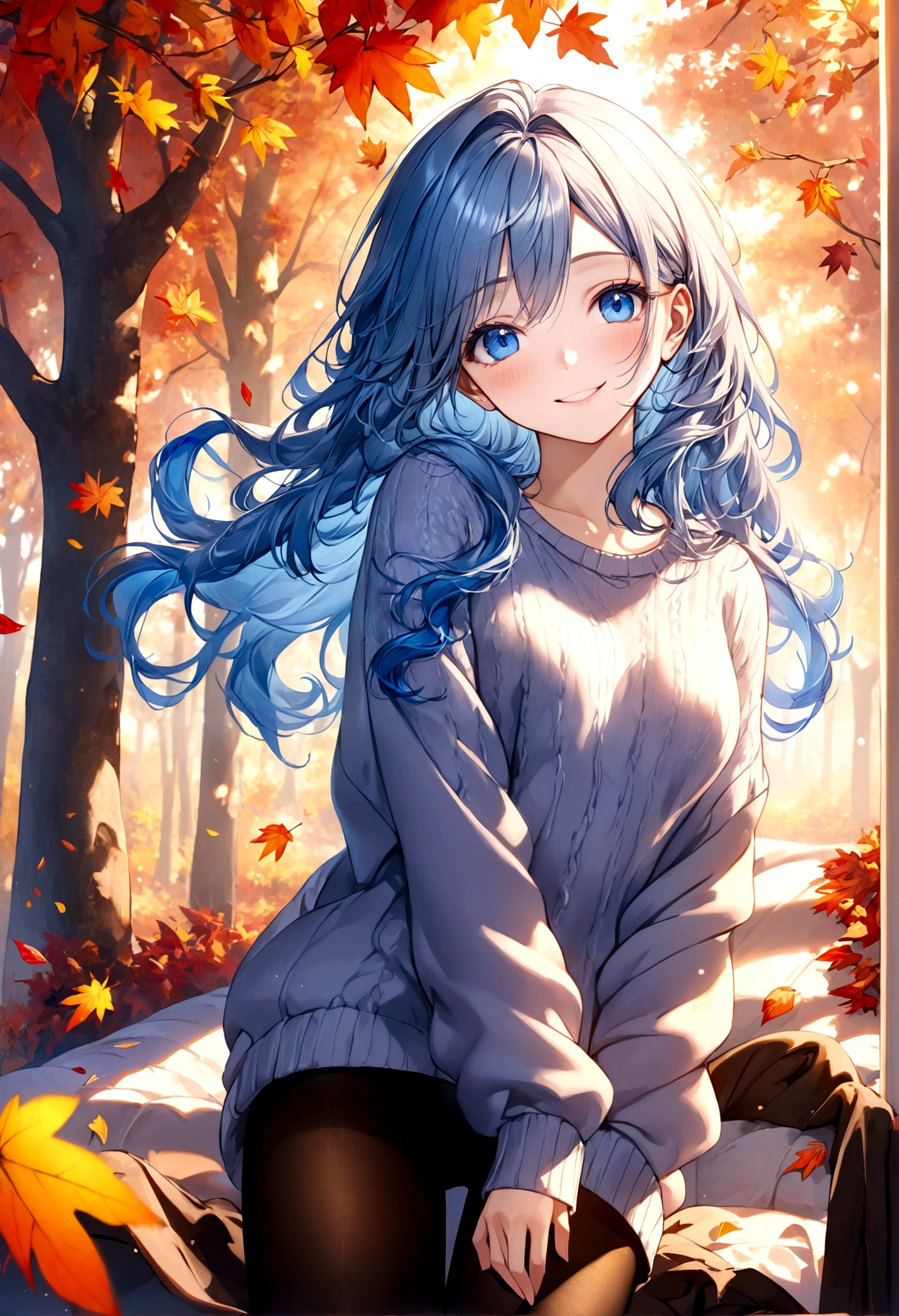 ((top-quality)), ((masterpiece)), ((ultra-detailliert)), (extremely delicate and beautiful), beautiful woman, bright light blue hair, long wavy hair, sapphire blue eyes, cozy sweater, sheer black pantyhose, sweet smile, relaxed expression, fair complexion, autumn background
