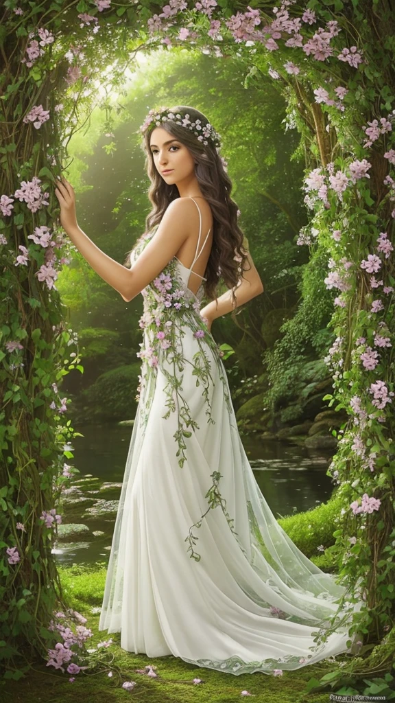 The Nature Goddess embodies serene beauty and harmony. She has flowing hair adorned with flowers, leaves, and vines. Her gown, woven from delicate petals and greenery, blends seamlessly with her surroundings. Radiating a gentle glow, her eyes reflect the wisdom of the earth. She stands amidst blooming flora and fauna, symbolizing life and renewal.