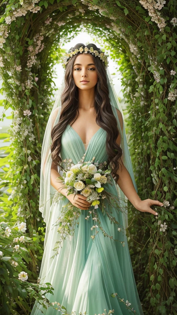 The Nature Goddess embodies serene beauty and harmony. She has flowing hair adorned with flowers, leaves, and vines. Her gown, woven from delicate petals and greenery, blends seamlessly with her surroundings. Radiating a gentle glow, her eyes reflect the wisdom of the earth. She stands amidst blooming flora and fauna, symbolizing life and renewal.