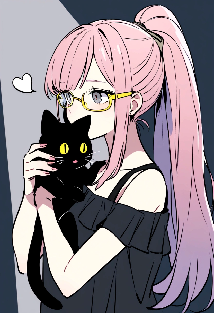 girl with light pink hair, high ponytail, yellow glasses, gray eyes, black shirt, off shoulder, holding a black stuffed cat, white phone