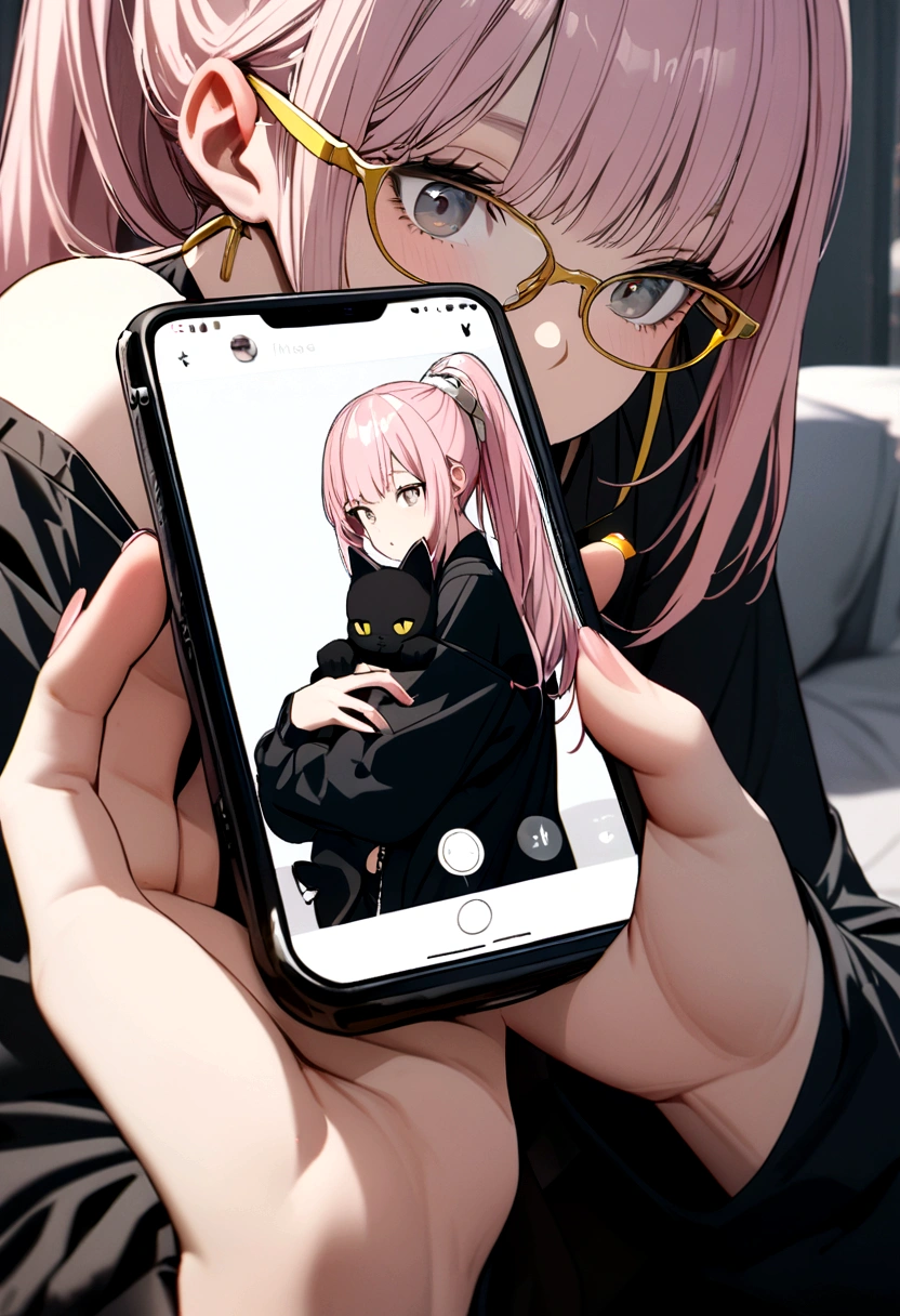 girl with light pink hair, high ponytail, yellow glasses, gray eyes, black shirt, off shoulder, holding a black stuffed cat, white phone