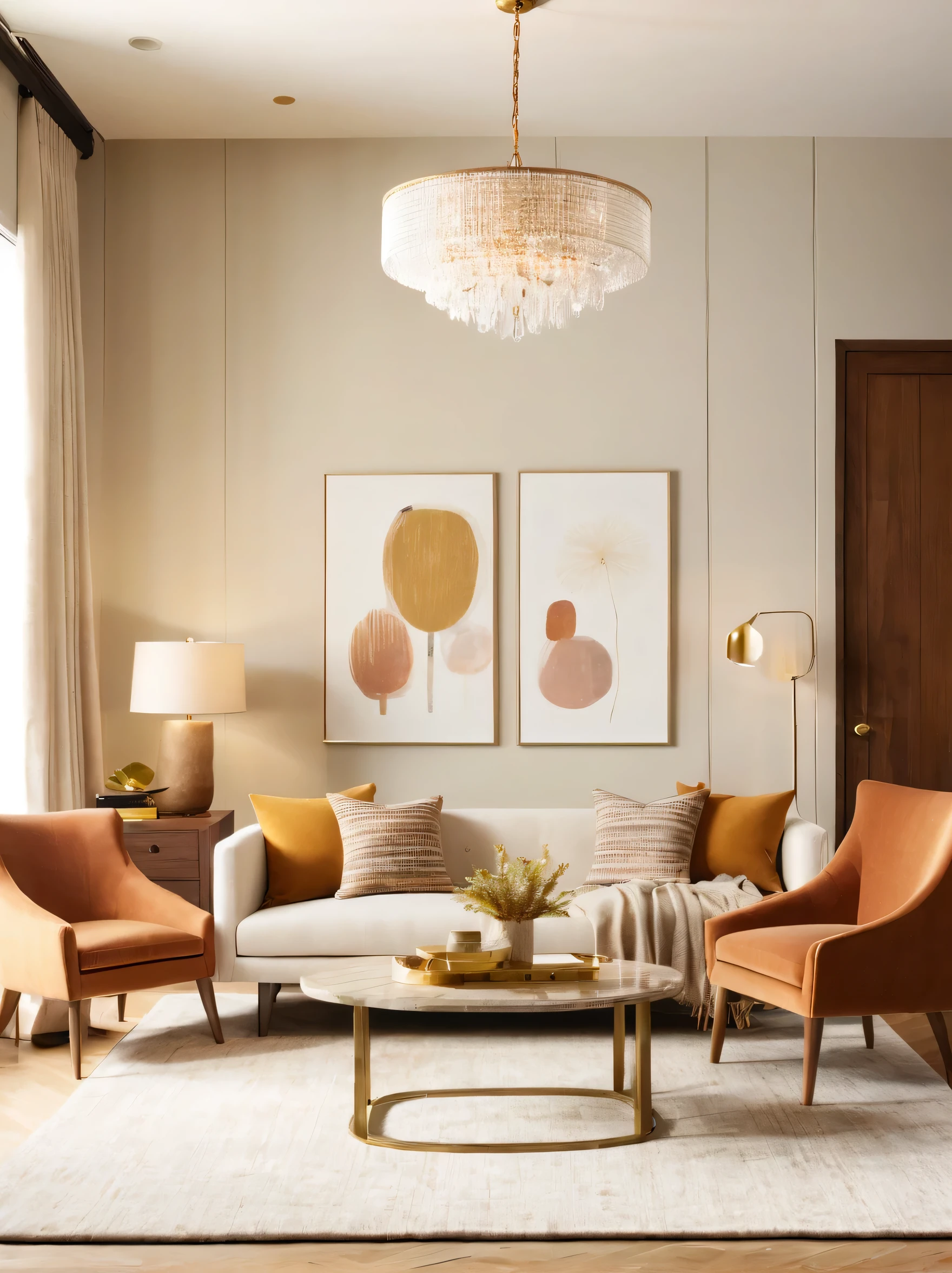 a three-seater sofa,capet,end table,west elm chandelier,armchair,residential interior design project with modrtn organic style,interior decor,crrisp lines,neutral colors,natural textures,backdrop of simplicity,aesthetic,bright environment,realistic,V-RayRenderer,superior quality