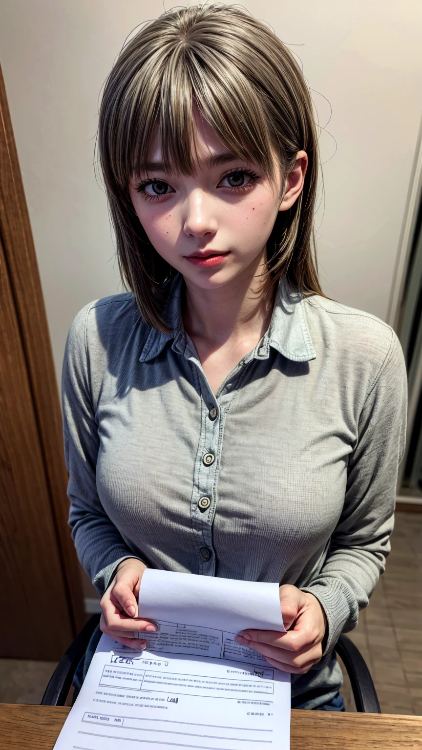 8K quality、High resolution、Realistic skin texture、High resolutionの肌、Full Body Shot、Moist lips、Sitting at a desk looking at documents