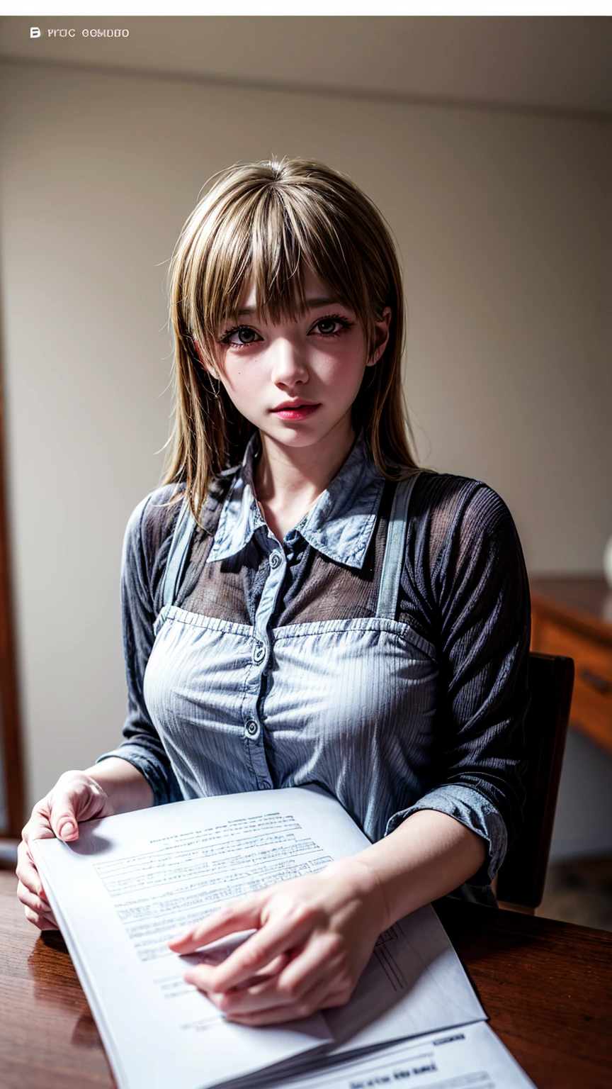 8K quality、High resolution、Realistic skin texture、High resolutionの肌、Full Body Shot、Moist lips、Sitting at a desk looking at documents