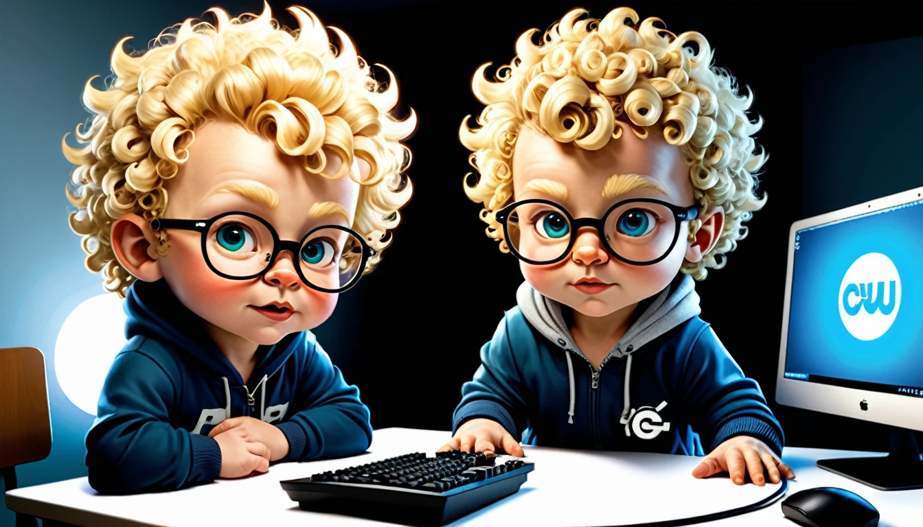 Create a digital illustration of a baby boy character with blonde hair, styled similarly to the original curly hair. The character should wear glasses and a hoodie, similar to the reference image. Set the character in a student room with high tech computers and advanced technology. Ensure the lighting highlights the character's features and the high-tech environment, maintaining a vibrant and dynamic atmosphere.