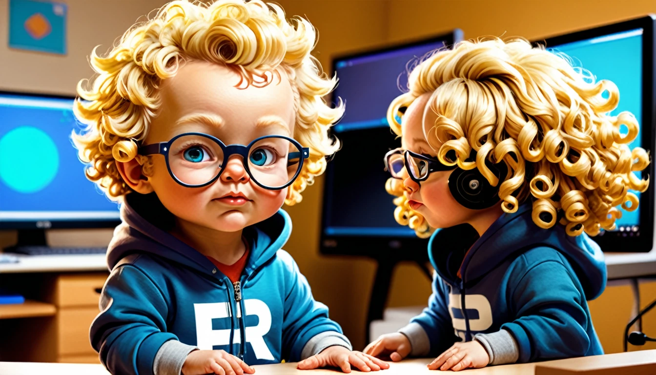 Create a digital illustration of a character with blonde hair, styled similarly to the original curly hair. The character should wear glasses and a hoodie, similar to the reference image. Set the character in a student room with high tech computers and advanced technology. Ensure the lighting highlights the character's features and the high-tech environment, maintaining a vibrant and dynamic atmosphere.